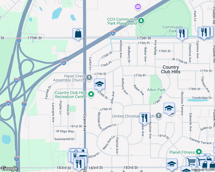 map of restaurants, bars, coffee shops, grocery stores, and more near 17740 Rosewood Terrace in Country Club Hills
