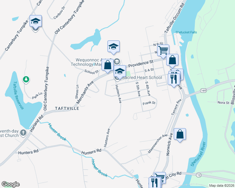 map of restaurants, bars, coffee shops, grocery stores, and more near 56 Hunters Avenue in Norwich