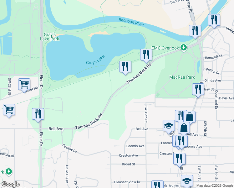 map of restaurants, bars, coffee shops, grocery stores, and more near 1405 Thomas Beck Road in Des Moines