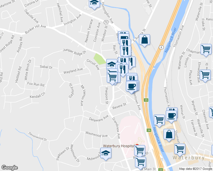map of restaurants, bars, coffee shops, grocery stores, and more near 98 Pierpont Street in Waterbury