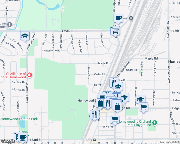 map of restaurants, bars, coffee shops, grocery stores, and more near 17756 Howe Avenue in Homewood