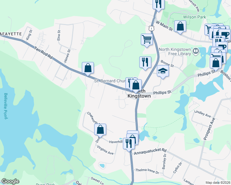 map of restaurants, bars, coffee shops, grocery stores, and more near 96 Ten Rod Road in North Kingstown