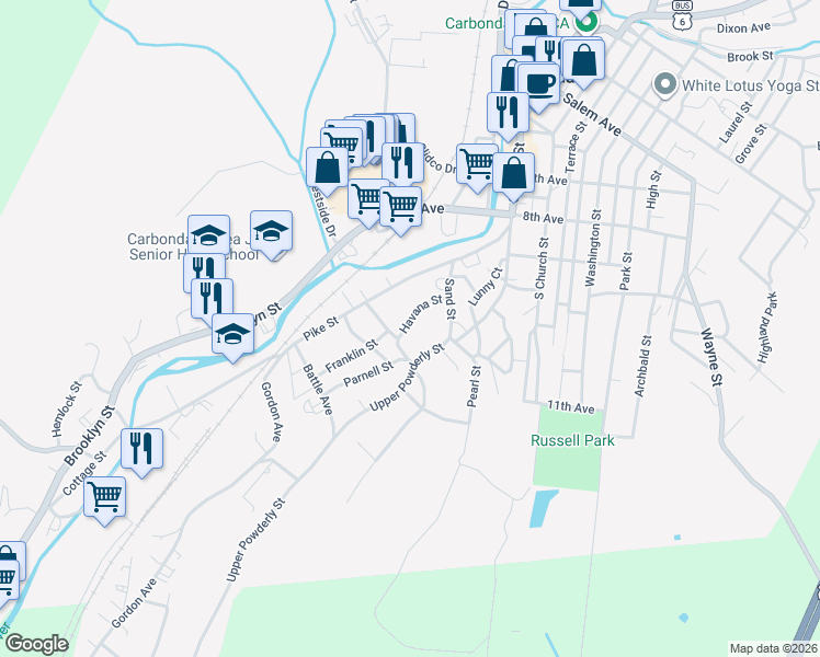 map of restaurants, bars, coffee shops, grocery stores, and more near 38 Havana Street in Carbondale