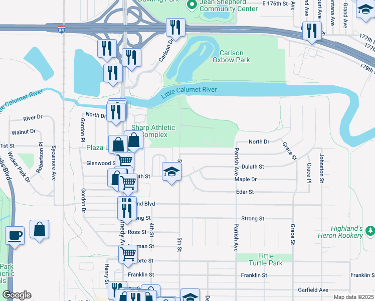 map of restaurants, bars, coffee shops, grocery stores, and more near 3009 Glenwood Street in Highland