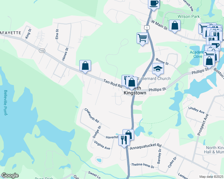 map of restaurants, bars, coffee shops, grocery stores, and more near 96 Ten Rod Road in North Kingstown