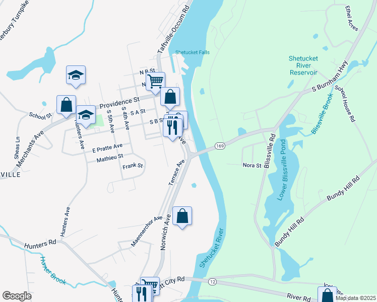 map of restaurants, bars, coffee shops, grocery stores, and more near 486 Shetucket Avenue in Norwich