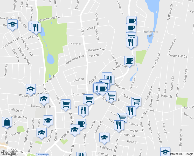 map of restaurants, bars, coffee shops, grocery stores, and more near 69 Brewster Street in Waterbury