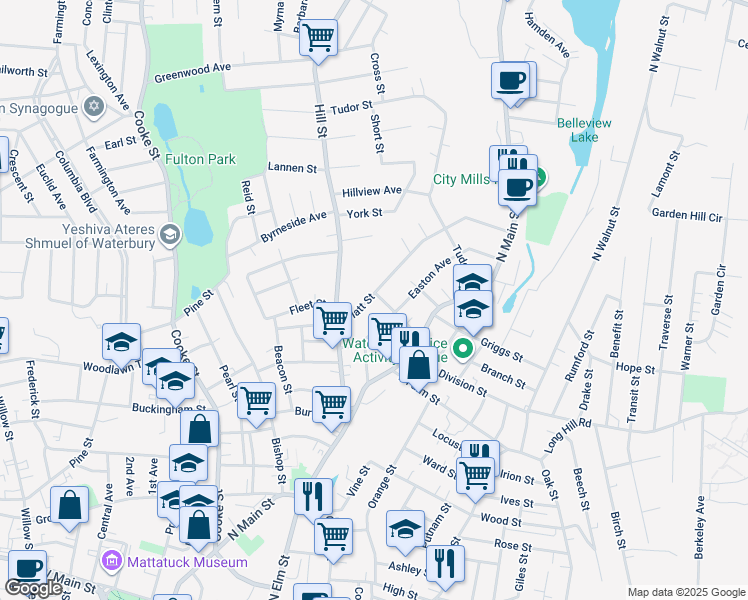 map of restaurants, bars, coffee shops, grocery stores, and more near 69 Brewster Street in Waterbury
