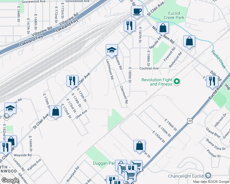 map of restaurants, bars, coffee shops, grocery stores, and more near 1486 Larchmont Road in Cleveland