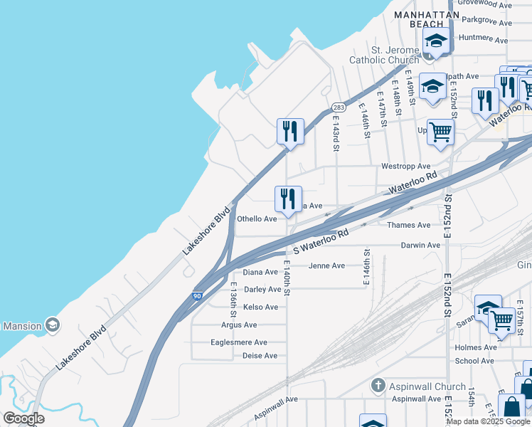 map of restaurants, bars, coffee shops, grocery stores, and more near 13816 Lakeshore Drive in Bratenahl