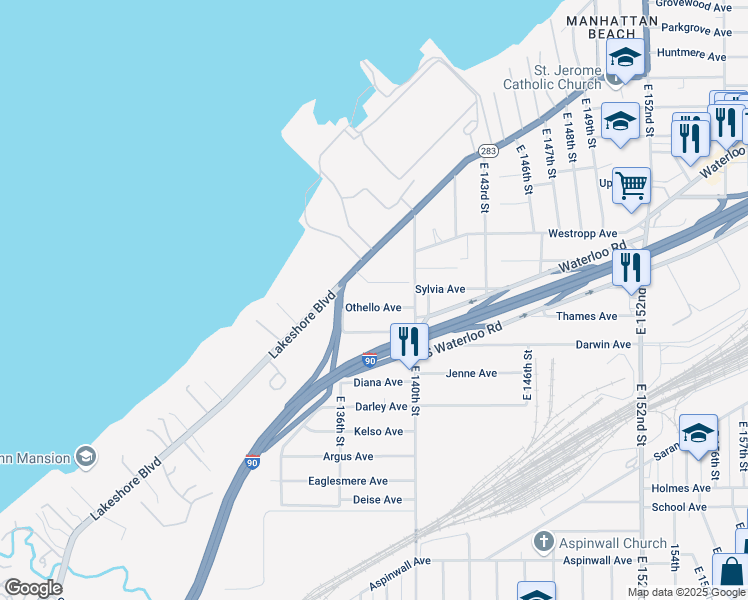 map of restaurants, bars, coffee shops, grocery stores, and more near 13816 Lakeshore Drive in Bratenahl