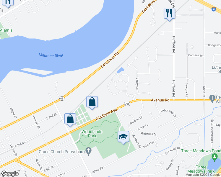 map of restaurants, bars, coffee shops, grocery stores, and more near 1021 Valley Bluff Drive in Perrysburg
