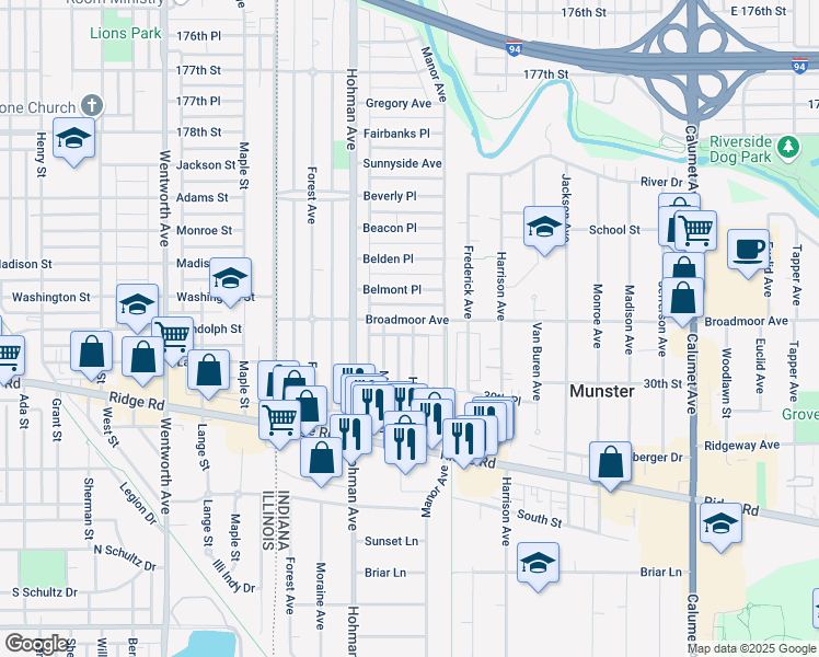 map of restaurants, bars, coffee shops, grocery stores, and more near 236 Broadmoor Avenue in Munster