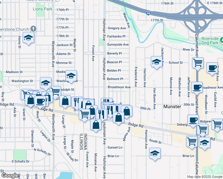 map of restaurants, bars, coffee shops, grocery stores, and more near in Munster