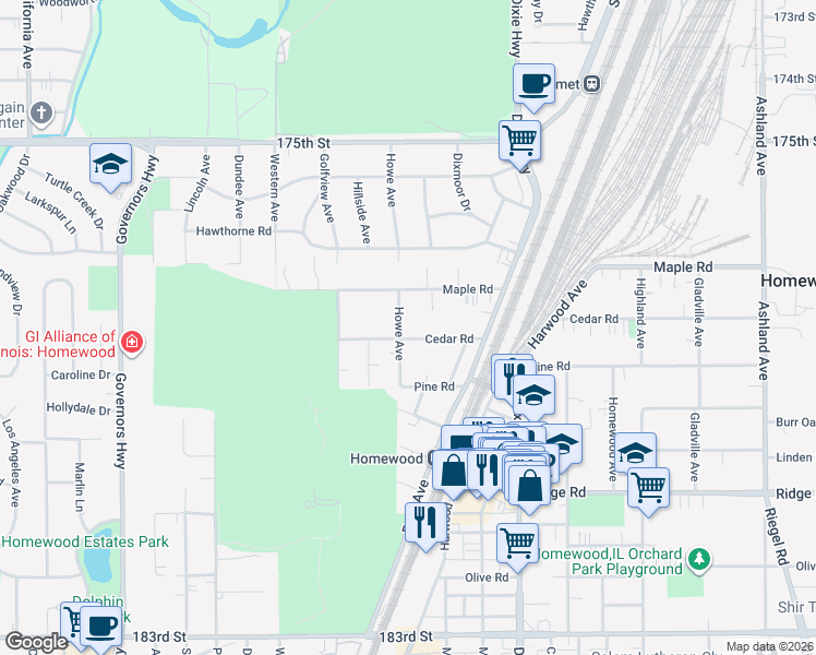 map of restaurants, bars, coffee shops, grocery stores, and more near 17756 Howe Avenue in Homewood