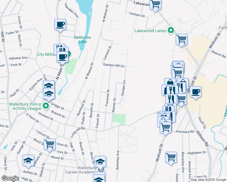 map of restaurants, bars, coffee shops, grocery stores, and more near 191 Warner Street in Waterbury