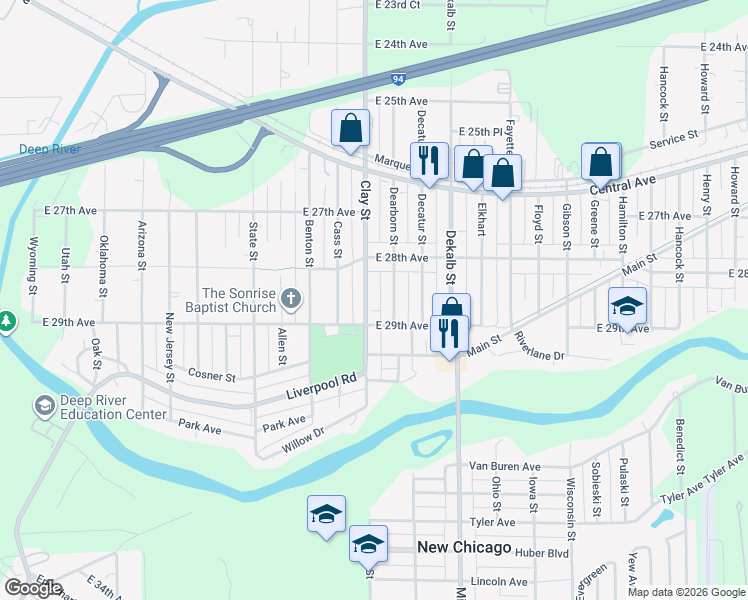 map of restaurants, bars, coffee shops, grocery stores, and more near 2840 Clay St in Gary