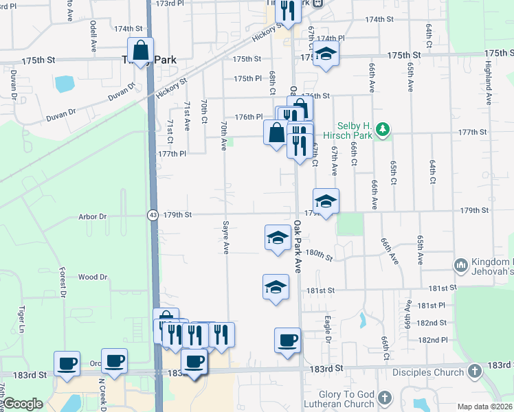 map of restaurants, bars, coffee shops, grocery stores, and more near 6850 179th Street in Tinley Park