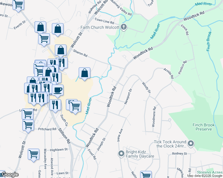 map of restaurants, bars, coffee shops, grocery stores, and more near 809 Woodtick Road in Waterbury