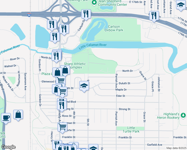 map of restaurants, bars, coffee shops, grocery stores, and more near 3009 Glenwood St in Highland
