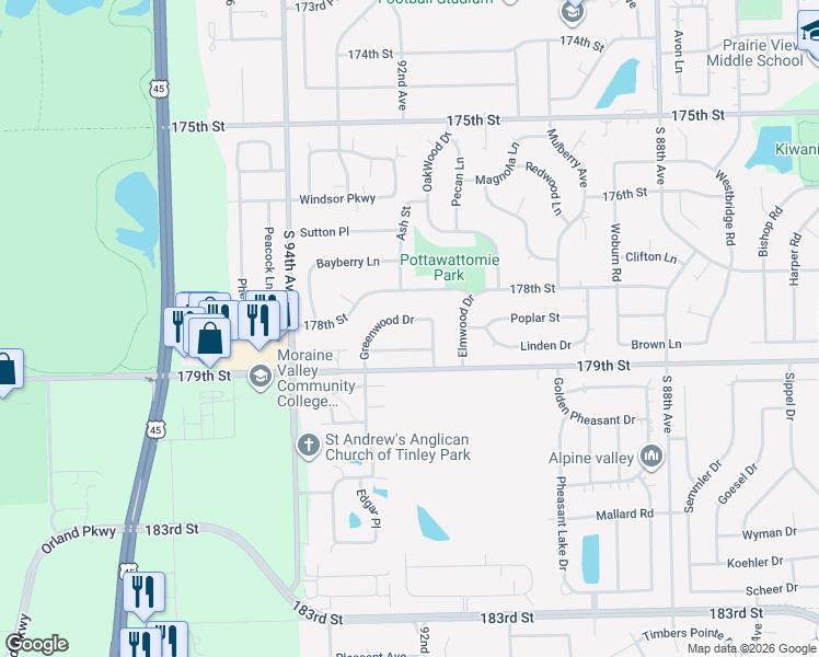 map of restaurants, bars, coffee shops, grocery stores, and more near 17820 92nd Avenue in Tinley Park