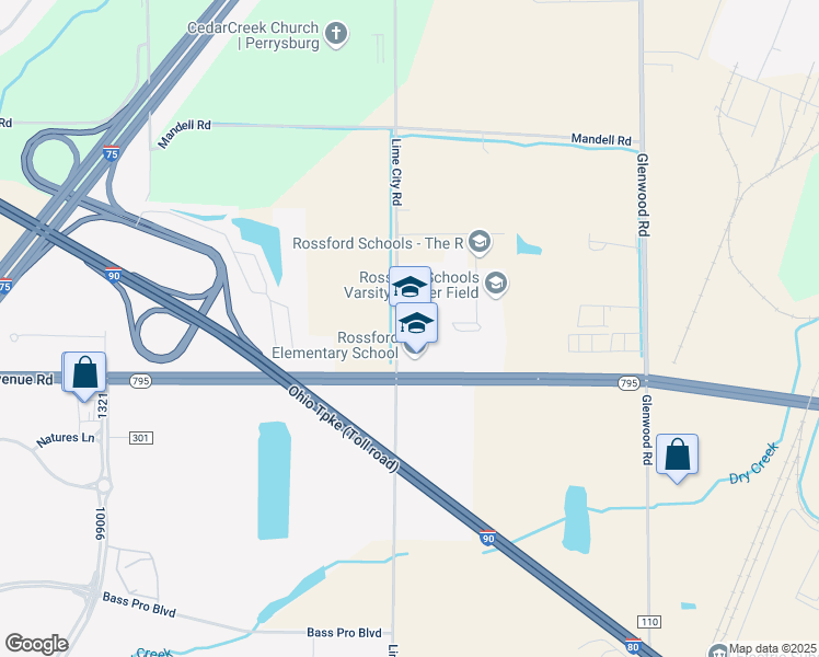 map of restaurants, bars, coffee shops, grocery stores, and more near 8950 Avenue Road in Perrysburg