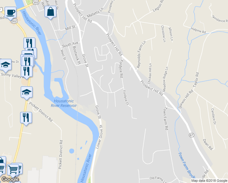map of restaurants, bars, coffee shops, grocery stores, and more near 46 Fordyce Road in New Milford