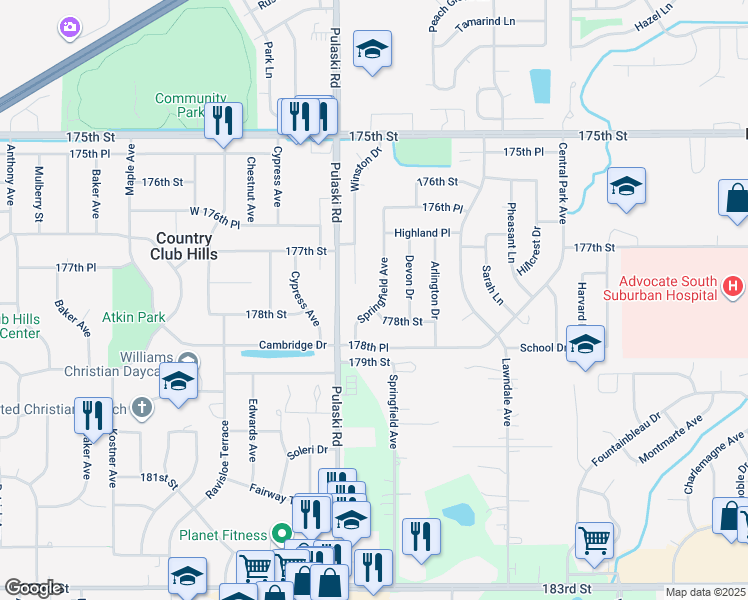 map of restaurants, bars, coffee shops, grocery stores, and more near 17790 Springfield Avenue in Country Club Hills