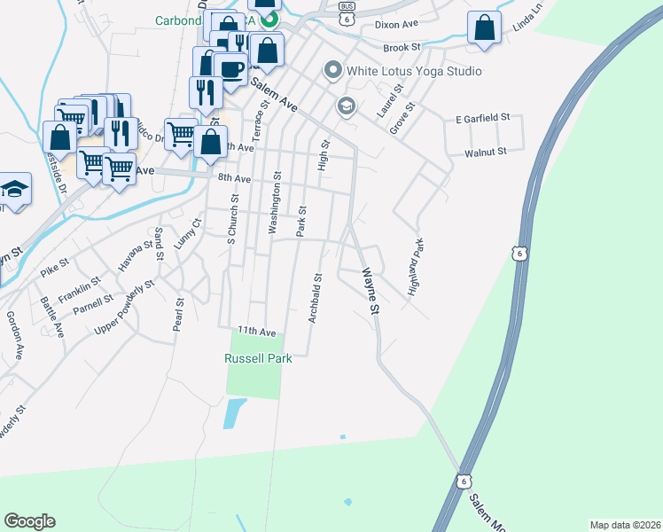 map of restaurants, bars, coffee shops, grocery stores, and more near 16 Cortland Street in Carbondale