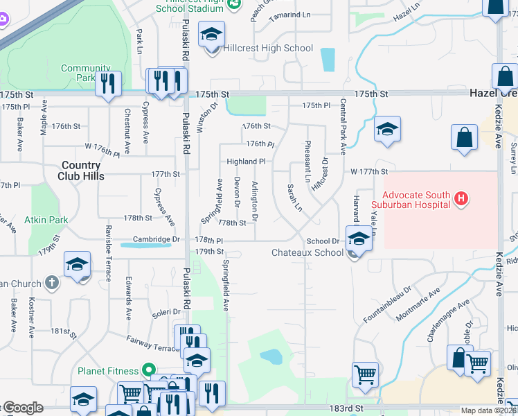 map of restaurants, bars, coffee shops, grocery stores, and more near 17787 Arlington Drive in Country Club Hills