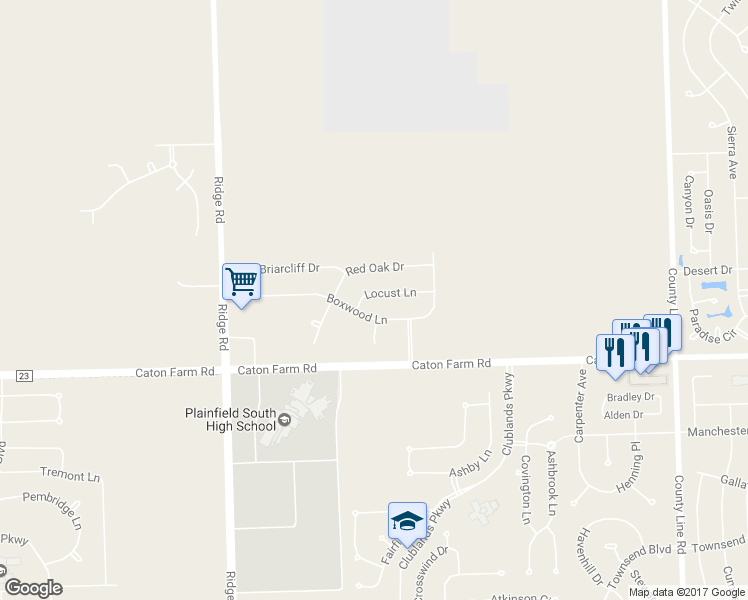 map of restaurants, bars, coffee shops, grocery stores, and more near 7606 Locust Lane in Plainfield