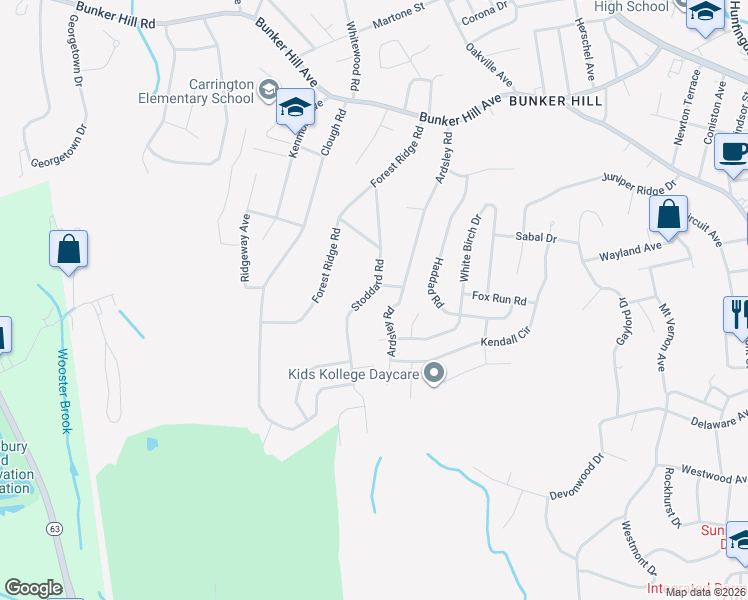 map of restaurants, bars, coffee shops, grocery stores, and more near 131 Stoddard Road in Waterbury