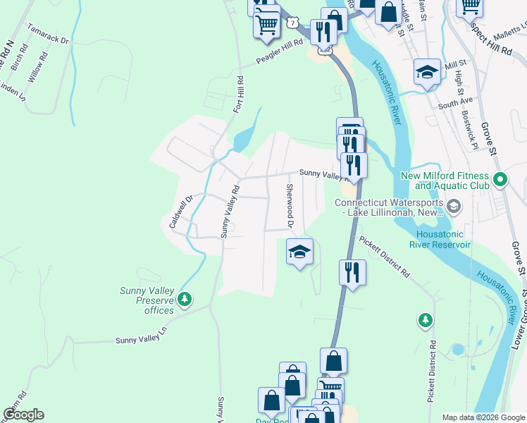 map of restaurants, bars, coffee shops, grocery stores, and more near 29 Sherwood Drive in New Milford
