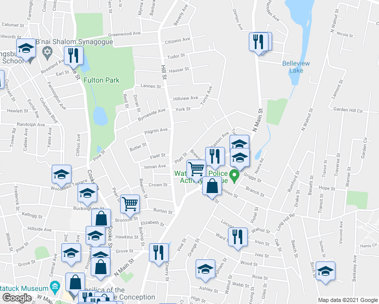 map of restaurants, bars, coffee shops, grocery stores, and more near 69 Brewster Street in Waterbury