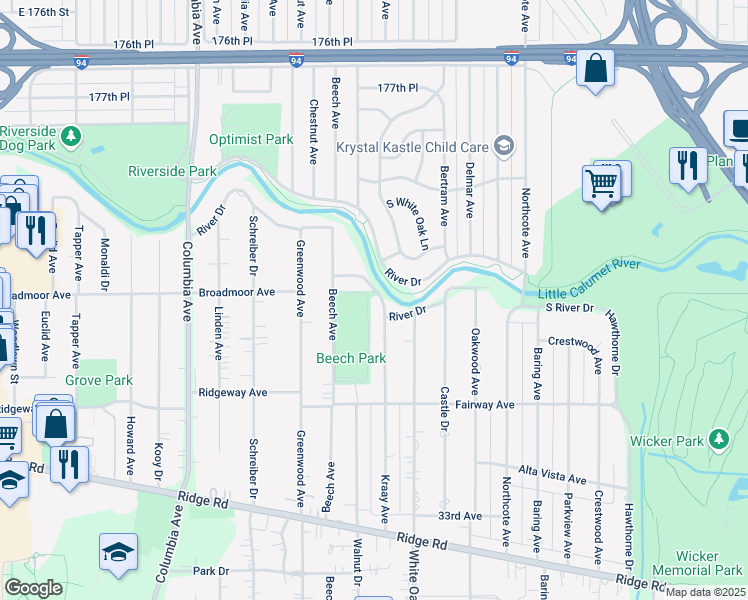 map of restaurants, bars, coffee shops, grocery stores, and more near 1464 River Drive in Munster
