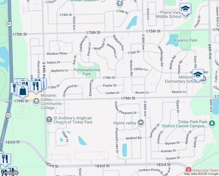 map of restaurants, bars, coffee shops, grocery stores, and more near 9001 Poplar Street in Tinley Park