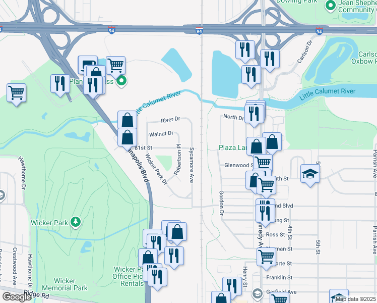 map of restaurants, bars, coffee shops, grocery stores, and more near 8108 Sycamore Avenue in Highland