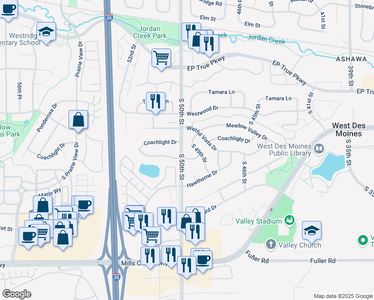 map of restaurants, bars, coffee shops, grocery stores, and more near 284 South 50th Street in West Des Moines