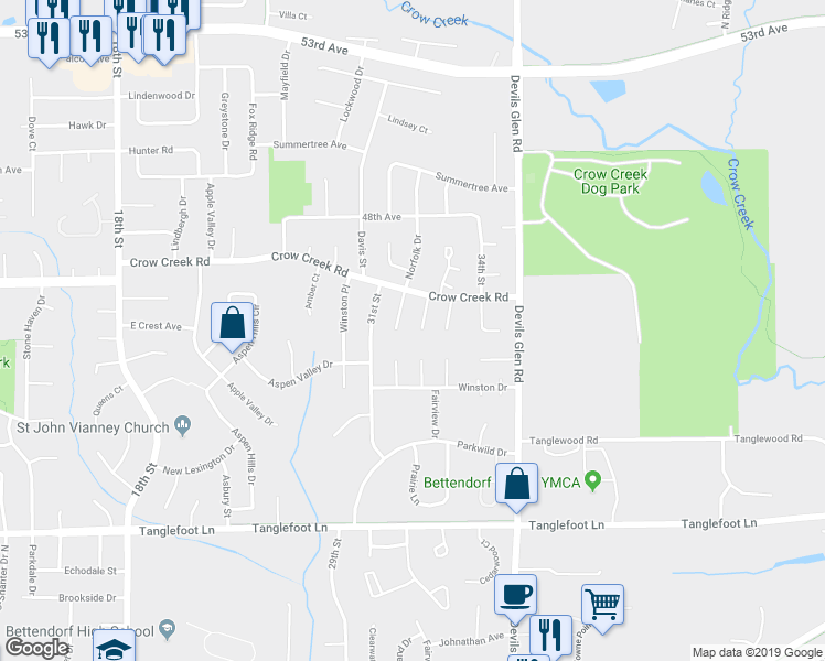 map of restaurants, bars, coffee shops, grocery stores, and more near 4420 Montclair Court in Bettendorf
