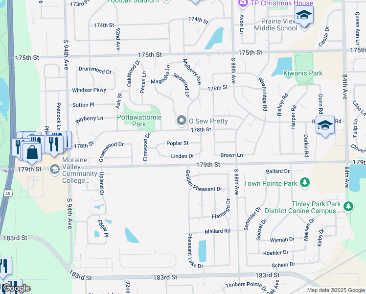map of restaurants, bars, coffee shops, grocery stores, and more near 8955 Poplar Street in Tinley Park