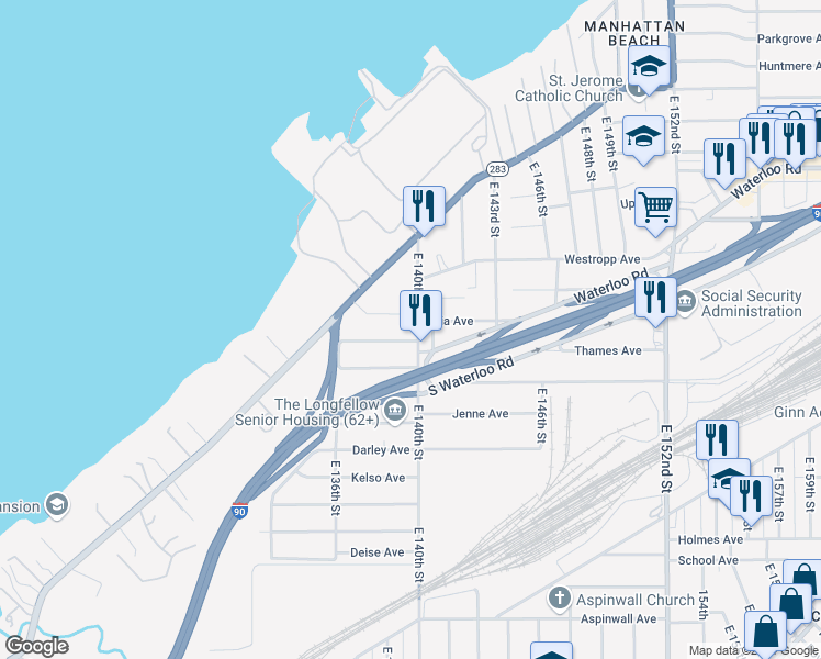 map of restaurants, bars, coffee shops, grocery stores, and more near 554 East 140th Street in Cleveland