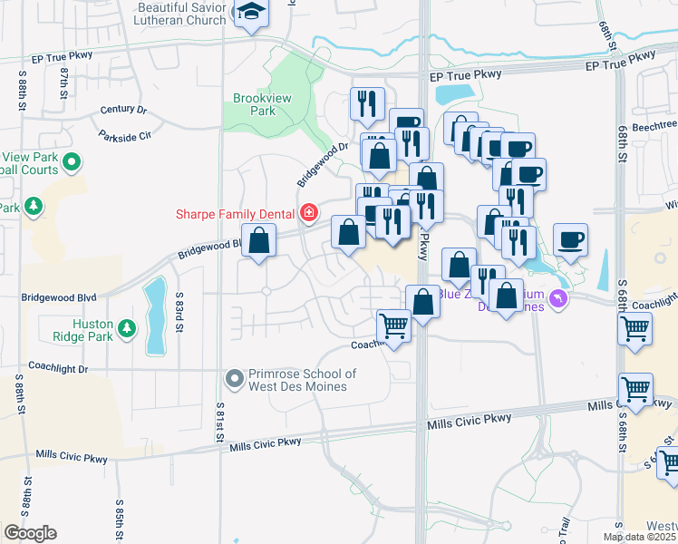 map of restaurants, bars, coffee shops, grocery stores, and more near 7730 Wistful Vista Drive in West Des Moines