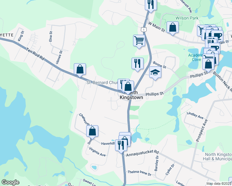 map of restaurants, bars, coffee shops, grocery stores, and more near 60 Preston Drive in North Kingstown