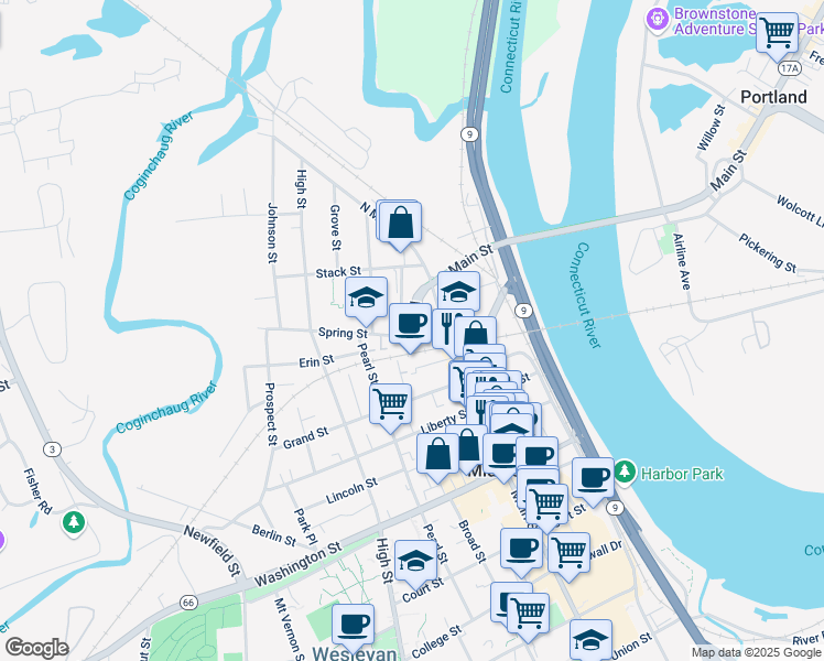 map of restaurants, bars, coffee shops, grocery stores, and more near 7 Spring Street in Middletown