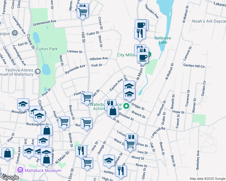 map of restaurants, bars, coffee shops, grocery stores, and more near 127 Easton Avenue in Waterbury