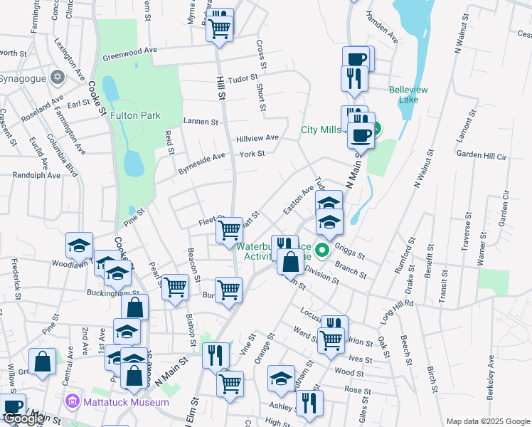 map of restaurants, bars, coffee shops, grocery stores, and more near 69 Brewster Street in Waterbury