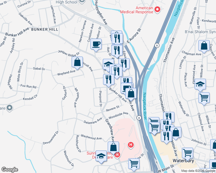 map of restaurants, bars, coffee shops, grocery stores, and more near 24 Tremont Street in Waterbury