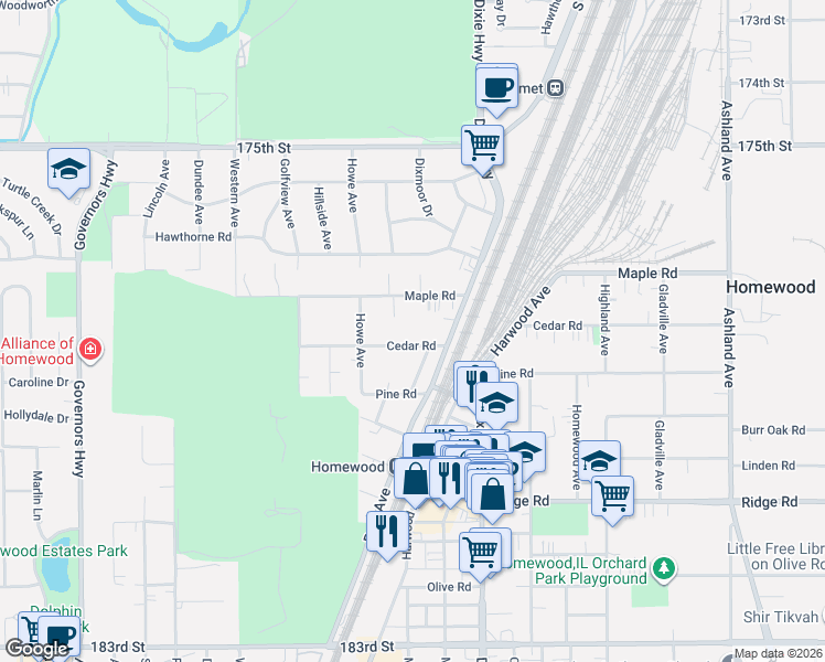 map of restaurants, bars, coffee shops, grocery stores, and more near 2054 Cedar Road in Homewood