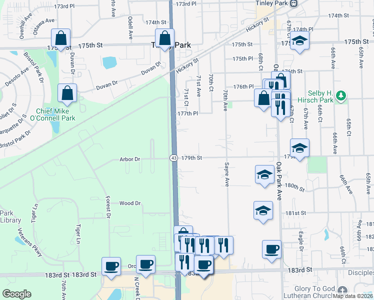 map of restaurants, bars, coffee shops, grocery stores, and more near 17840 Sayre Avenue in Tinley Park
