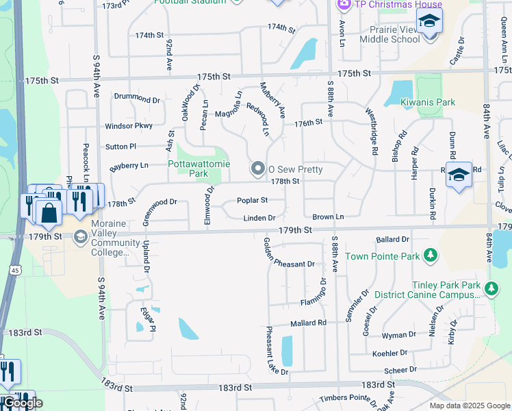 map of restaurants, bars, coffee shops, grocery stores, and more near 8955 Poplar Street in Tinley Park